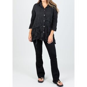Chalet et Ceci Inez Black Crinkle Tunic Shirt Large Made USA Lagenlook Artwear
